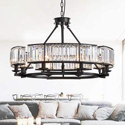 NOXARTE Round Crystal Chandelier Vintage LED Dimmable Hanging Ceiling Light with Adjustable Chain for Dining Room Bedroom Farmhouse Black