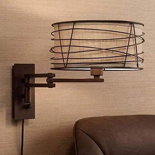 Marlowe Rustic Farmhouse Swing Arm Wall Lamp Bronze Plug-in Light Fixture Wire Cage Burlap Drum Shade for Bedroom Bedside Living Room Reading - Franklin Iron Works Marlowe Rustic Farmhouse Swing Arm Wall Lamp Bronze Plug-in Light Fixture Wire Cage Burlap Drum Shade for Bedroom Bedside Living Room Reading - Franklin Iron Works
