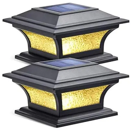 Siedinlar Solar Post Lights Outdoor Glass LED Fence Cap Light 2 Modes for 4x4 5x5 6x6 Posts Deck Patio Garden Decoration Warm White/Cool White Lighting Black (2 Pack)