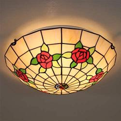 Tiffany Style Rose Stained Glass Ceiling Light 16 Inch Vintage Rural Semi Flush Mount Ceiling Light Fixture for Living Room, Dining Room, Bedroom,Red