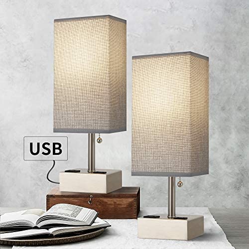 OYEARS Table Lamps Set of 2 Built in Dual USB Charging Port Bedside 15.5“ Table Lamp with Dual AC Power Outlets for Bedroom Living Room Office Study Room Grey Fabric Shade