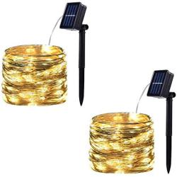 2 Pack 100 LED Solar Powered String Lights, Outdoor Waterproof Copper Wire 8 Modes Fairy Lights for Garden, Patio, Party, Christmas, Home (Warm White)