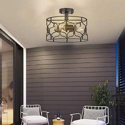 Topotdor Semi Flush Mount Ceiling Light,Industrial Vintage Metal Cage 3-Light Close to Ceiling Light Fixture Perfect Living Room Bedroom Kitchen Farmhouse Stairway Garage (Black)