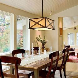 LOG BARN Rustic Square Light Fixture, 3-Light Wood Chandeliers for Dining Rooms and Kitchen Island