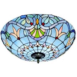 20 inch Tiffany Style Ceiling Light , E27 Retro Stained Glass Bowl Shade Flush Mount Ceiling Lamp , Metal Decoration Hallway Ceiling Lighting Fixtures for Living Room Bedroom Kitchen , Blue