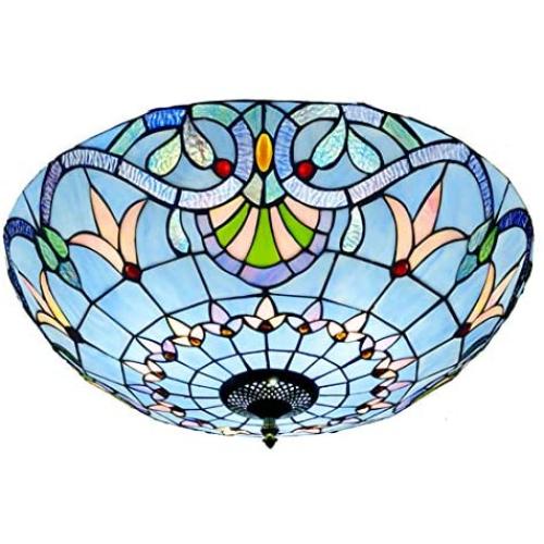 20 inch Tiffany Style Ceiling Light , E27 Retro Stained Glass Bowl Shade Flush Mount Ceiling Lamp , Metal Decoration Hallway Ceiling Lighting Fixtures for Living Room Bedroom Kitchen , Blue