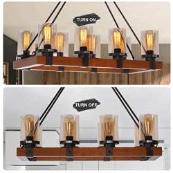 Rustic 8-Light Chandelier Rectangle Wood Farmhouse Pendant Light Fixture for Dining Room Kitchen Island Pool Table