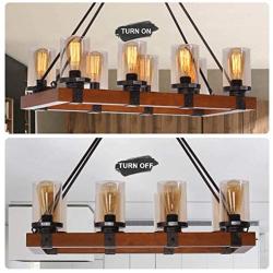 Rustic 8-Light Chandelier Rectangle Wood Farmhouse Pendant Light Fixture for Dining Room Kitchen Island Pool Table