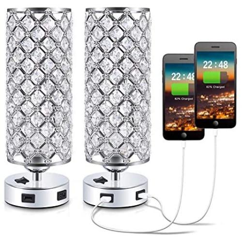 USB Crystal Bedside Lamp, Kakanuo Nightstand Decorative Lamp with Dual Fast USB Charging Ports, Modern Glam Table Lamp Set for Bedroom, Living Room, Study Room, Office (Set of 2)