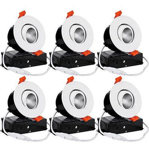 TORCHSTAR 3 Inch Gimbal LED Dimmable Recessed Light with J-Box, 7W (50W Eqv.) 500lm, Airtight, ETL & Energy Star Listed, CRI 90+, 5000K Daylight, 5 Years Warranty, White, Pack of 6