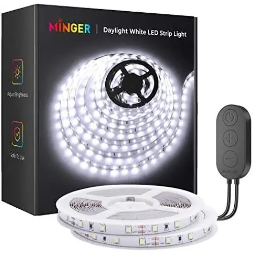 MINGER LED Strip Lights, 32.8ft 6500K Bright White LED Light Strip with Control Box, Strong Adhesive, Dimmable 600 LEDs for Mirror, Living Room, Study, Wardrobe, Cupboard MINGER LED Strip Lights, 32.8ft 6500K Bright White LED Light Strip with Control Box, Strong Adhesive, Dimmable 600 LEDs for Mirror, Living Room, Study, Wardrobe, Cupboard
