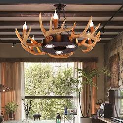 LITFAD 6 Lights Antlers Chandelier Light Fixture Rustic Style Candle Pendant Light Resin and Metal Lodge Hanging Ceiling Light in Brown for Dining Room Living Room Cafe Restaurant