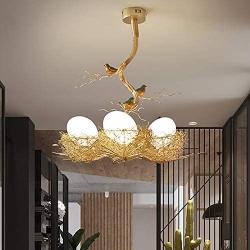 LITFAD 3 Lights Woven Nest Chandelier Light Contemporary Metal and White Glass Pendant Lamp with Bird Accents Creative LED Hanging Ceiling Light Fixtur for Dining Room Living Room Restaurant