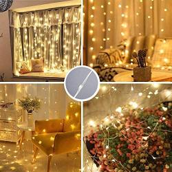 N/P Warm White Window Curtain String Lights, 9.8 x 9.8 Ft 300 LED USB Powered Waterproof, 8 Lighting Modes with IR Remote for Bedroom Wedding Party Home Wall Decorations