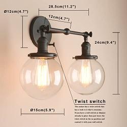 Pathson Vintage 2 Light Wall Sconce, Industrial Bathroom Vanity Lights with Globe Shade, Double Wall Lamp Fixtures for Living Room Bedroom (Matte Black)