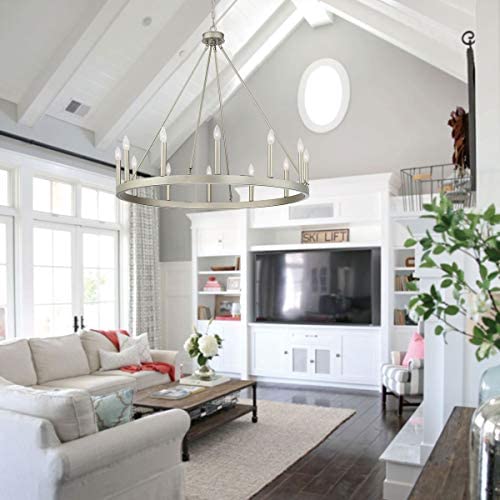Vanity Art 12 Lights Wagon Wheel Chandelier Lighting Farmhouse Candle Ceiling Light Fixtures for Living Room Kitchen Dining Room (AntiqueSilver) 10552AS