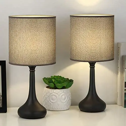 Bedside Nightstand Table Lamps, Modern Black Metal Base with Grey Linen Lampshade Desk Lamp, Small Lamp Set of 2 for Living Room, Dorm, Kids Room, Hotel, Hallway Decor