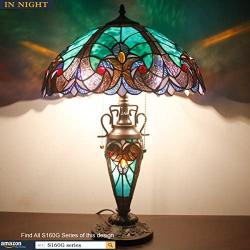 Tiffany Style Table Lamp W16H24 Inch Tall Green Stained Glass Liaison Lampshade Antique Night Light Base S160G WERFACTORY LAMPS Lover Living Room Bedroom Office Study Reading Desk Nightstand Art Gifts