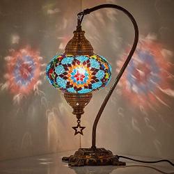 Stunning Handmade Turkish Moroccan Mosaic Glass Colorful Boho Table Desk Bedside Lamp Light Lampshade (Blue & Multi)