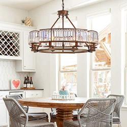 NOXARTE Round Crystal Chandelier Vintage LED Dimmable Hanging Ceiling Light with Adjustable Chain for Dining Room Bedroom Farmhouse Brown