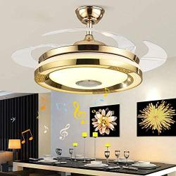 TFCFL 42 Modern Music Ceiling Fan with Light, Invisible Smart Chandelier Fan with Bluetooth Player Remote Control 4 Retractable Blades 3 Colors for Dining Room Bedroom (Gold)