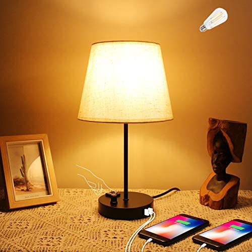 Bedside Table Lamp, CHINLY Nightstand Lamp with USB Ports + AC Outlet Fabric Shade Knob Dimmable Desk Reading Lamp for Bedroom Living Room Dorm Office (Bulb Included)