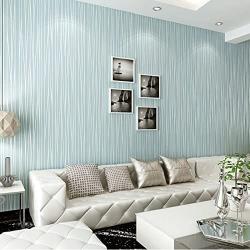 QIHANG Non-Woven Classic Flocking Plain Stripe Modern Fashion Wallpaper Wall Paper Roll for Living Room Bedroom Light Blue Color 0.53m x 10m=5.3㎡