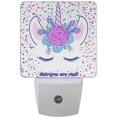 Vdsrup Magic Unicorn Roses Night Light Set of 2 Flowers Stars Plug-in LED Nightlights Peacock Feathers Auto Dusk-to-Dawn Sensor Lamp for Bedroom Bathroom Kitchen Hallway Stairs