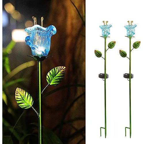 Joyathome Garden Solar Stake Lights Outdoor, 2 Pack Solar Powered Metal Stake Lights with Blue Bell Glass Lily LED Decorative Garden Lights for Walkway,Pathway,Lawn, Courtyard