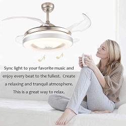 Retractable Ceiling Fan Light with Bluetooth Speaker 3-Color Light Adjustment Ceiling Fan with Remote Invisible Blade Bluetooth Chandelier Fan Light Silent Motor for Bedroom Living Room (42 Inch)