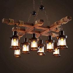 8 Lights Industrial Wooden Hanging Lighting Black Metal Chandelier Farmhouse Vintage Pendant Lamp Glass Lampshade for Pool Table Kitchen Island Bar Retro Ceiling Light Height Adjustable Fixture