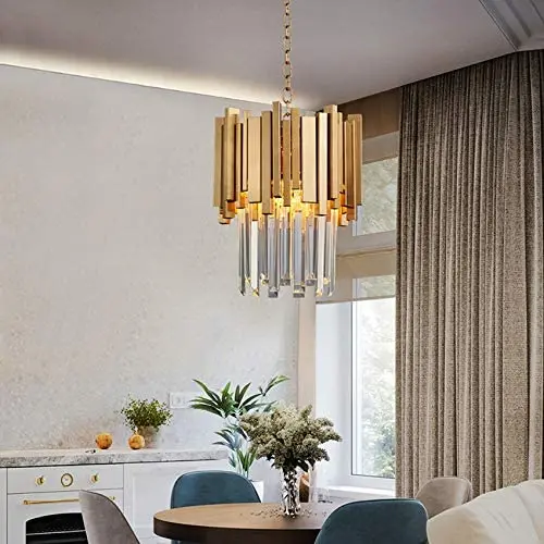 LITFAD Gold 2 Tiers Pendant Light 3 Lights LED Pendant Lamp Modernism Clear Crystal Hanging Ceiling Light Modern Design LED Chandelier for Dining Room Living Room Restaurant Hotel