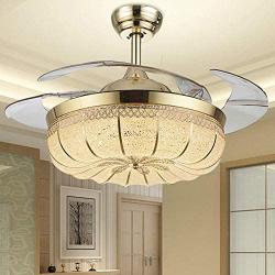 YEELED Light 42 Inch Invisible Reversible Ceiling Fans with 3 Changing Light Color Retractable Ceiling Fan Chandelier with Remote Control for Indoor Living Room Bedroom Dining Room Ceiling Light Kits with Fans (42 Inch, Gold-01)