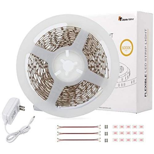 White LED Strip Lights, CT CAPETRONIX 16.4ft 6000K Bright 300 LEDs Flexible Tape Lighting Kit, 12V LED Light Strip for Bedroom, Ceiling, Living Room, Kitchen, Closet, Under Cabinet, Vanity Mirror