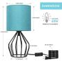 HAITRAL Modern Table Lamps Set of 2 - Black Metal Bedside Teal Lamps for Bedroom, Living Room,Dorm, Side Table, Geometric Desk Lamps with Hollowed Out Base and Blue Fabric Shade