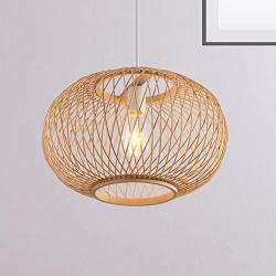 LITFAD Bamboo Globe Pendant Lighting Asian Style 16'' Wide 1 Light Hanging Ceiling Lamp in Wood Beige Ceiling Fixture with Adjustable Cord for Dining Room Living Room Restaurant