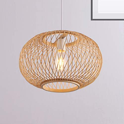 LITFAD Bamboo Globe Pendant Lighting Asian Style 16'' Wide 1 Light Hanging Ceiling Lamp in Wood Beige Ceiling Fixture with Adjustable Cord for Dining Room Living Room Restaurant