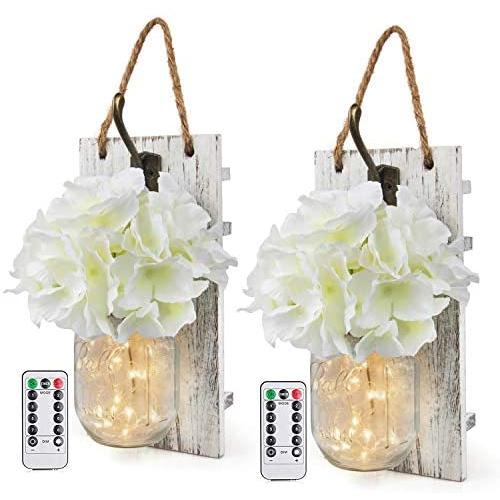 Rustic Wall Sconces Mason Jars Sconces with Remote Control LED Fairy Lights, Farmhouse Decor for Living Room Wall Decor of Bronze Retro Hooks, Silk Hydrangea Design for Home Decoration Set of Two