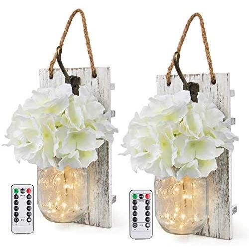 Rustic Wall Sconces Mason Jars Sconces with Remote Control LED Fairy Lights, Farmhouse Decor for Living Room Wall Decor of Bronze Retro Hooks, Silk Hydrangea Design for Home Decoration Set of Two