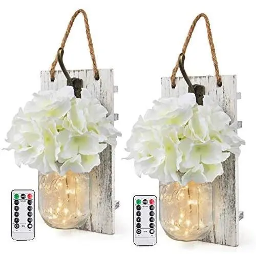 Rustic Wall Sconces Mason Jars Sconces with Remote Control LED Fairy Lights, Farmhouse Decor for Living Room Wall Decor of Bronze Retro Hooks, Silk Hydrangea Design for Home Decoration Set of Two