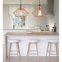 Modern Geometric Pendant Light 2 Pack Small Rose Gold Pendant Hanging Light Fixture with Deformable Lampshade, Metal Cage Pendant Lighting DIY Hanging Lamp for Hallway Kitchen Restaurant Bedroom