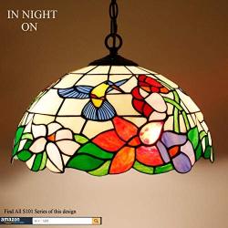 Tiffany Hanging Lamp 16 Inch Antique Pendant Light Stained Glass Hummingbird Shade Chandelier Ceiling Fixture S101 WERFACTORY Decorate Dining Living Room Bedroom Study Office Coffee Bar Hallway Loft