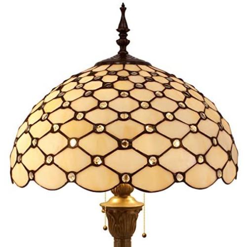 Tiffany Floor Lamp W16H64 Inch Tall Amber Stained Glass Crystal Pear Bead Lampshade S005 WERFACTORY LAMPS Lover Gifts Antique Style Standing Read Lighting Base Living Room Bedroom Bedside Coffee Table
