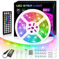 LED Strip Lights 50ft, 15m Ultra-Long RGB 5050 LED Strips Light w/Power Adapter, 450 LED Chips Light Strip Color Changing LED Lights with 44-Key Remote Controller for TV Party Bar Living Room Bedroom