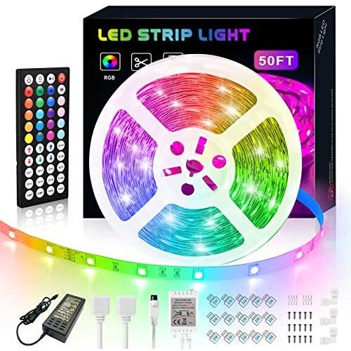 LED Strip Lights 50ft, 15m Ultra-Long RGB 5050 LED Strips Light w/Power Adapter, 450 LED Chips Light Strip Color Changing LED Lights with 44-Key Remote Controller for TV Party Bar Living Room Bedroom