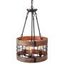 Anmytek Round Wooden Chandelier Metal Pendant Three Lights Decorative Lighting Fixture Retro Rustic Antique Ceiling Lamp (Three Lights)