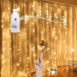 Homemory Hanging Window Curtain Lights 9.8 Ft Dimmable & Connectable, USB Powered with Remote, 4 Music Sync Function Twinkle with Any Voice for Party Wall Decorations (Warm White, 15 Hooks)