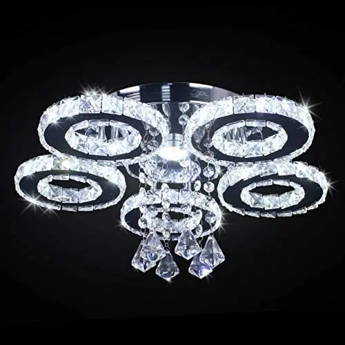 TongLan Crystal LED Ceiling Light Flush Mount 5 Rings Stainless Steel Pendant Lamp Modern Chandelier Lighting Fixture for Foyer Living Room Dining Room (Cool White)