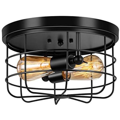 Industrial Semi Flush Mount Ceiling Light, E26 Vintage Metal Cage Ceiling Light Fixture 2Lights for Bedroom, Kitchen, Dining Room, Living Room, Hallway,