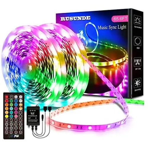 65.6FT/20M LED Strip Lights, Rusunde Ultra-Long Color Changing Light Strip Sync to Music, 600 LEDs 5050 RGB SMD Flexible Tape Light Kit with 40 Keys IR Remote and Power Adapter for Kitchen Home Party